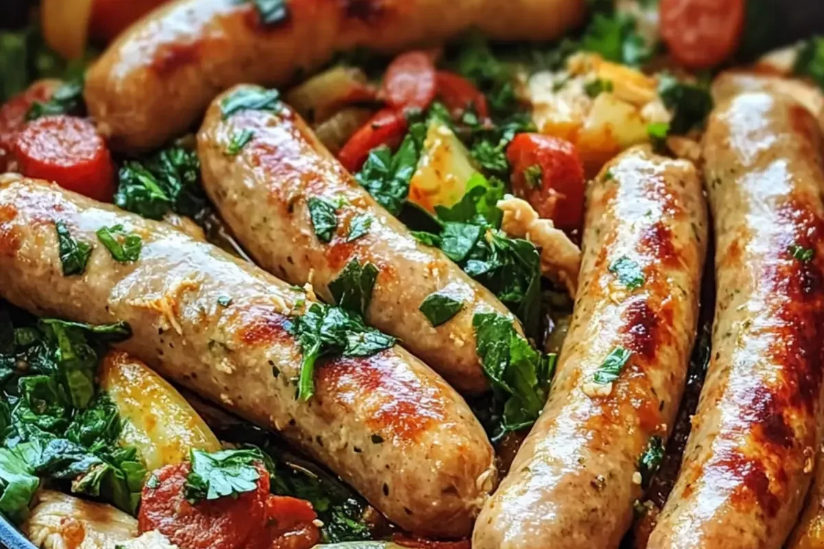 A vibrant skillet meal featuring sliced chicken sausage, colorful bell peppers, and fresh herbs served in a modern kitchen.