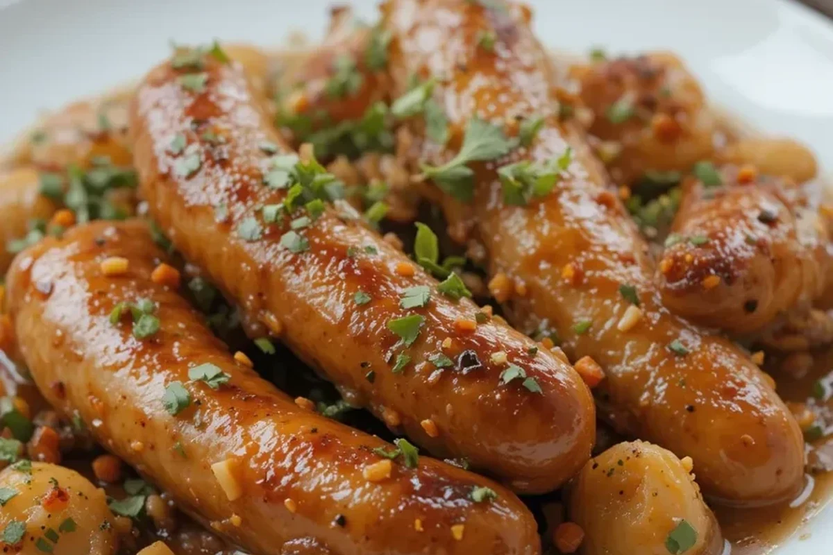 A vibrant skillet meal featuring sliced chicken sausage, colorful bell peppers, and fresh herbs served in a modern kitchen.