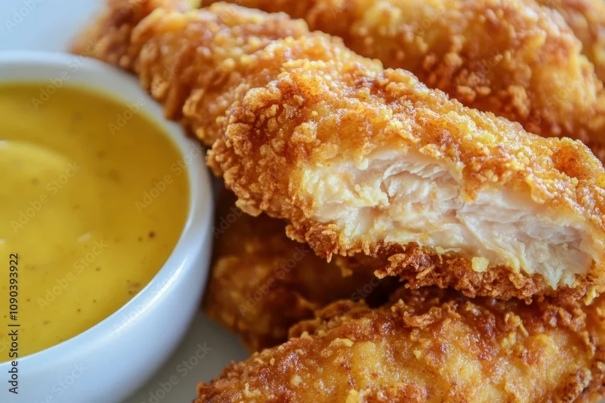 A plate of golden-brown crispy chicken tenders served with a side of dipping sauce on a wooden table.