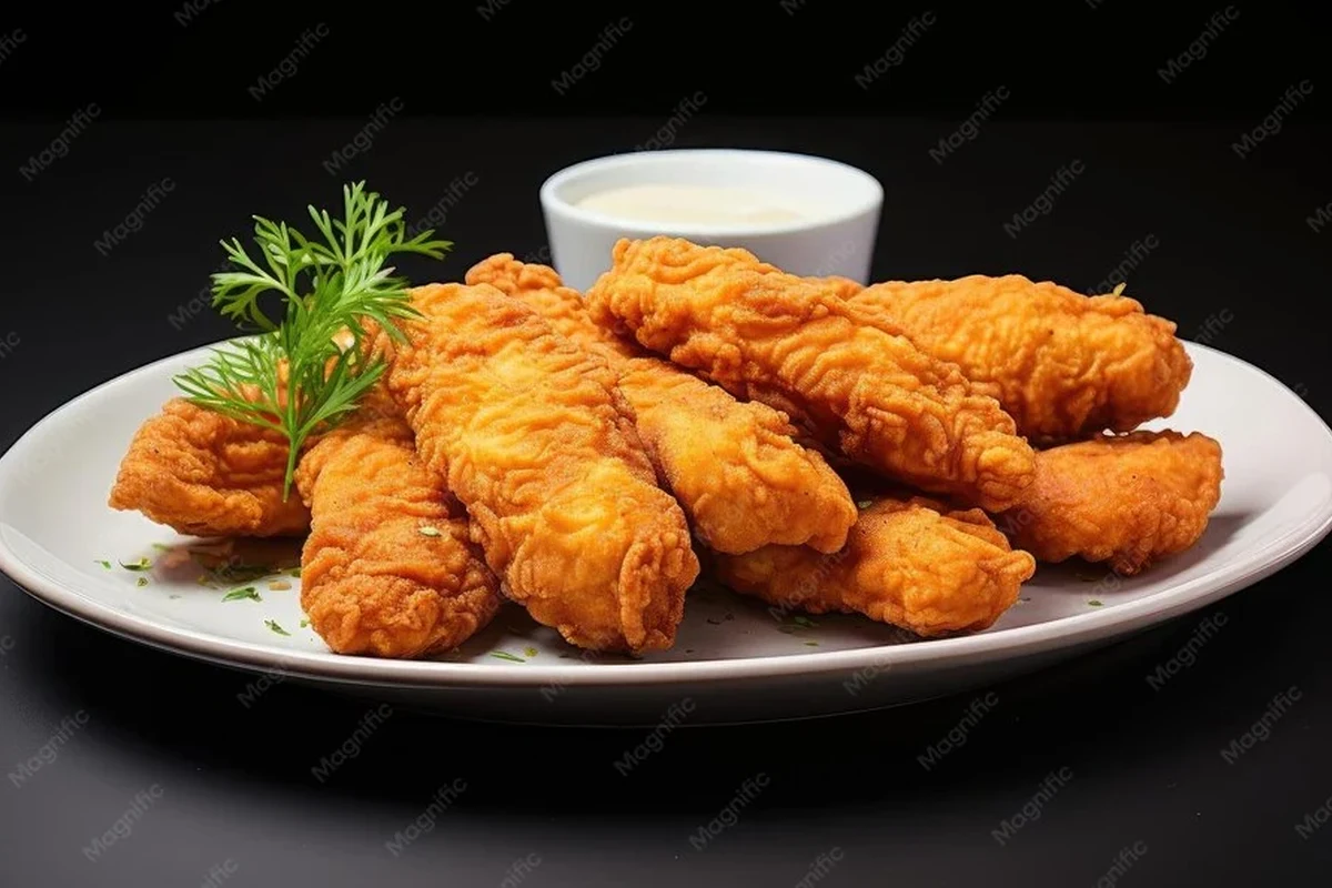 A plate of golden-brown crispy chicken tenders served with a side of dipping sauce on a wooden table.
