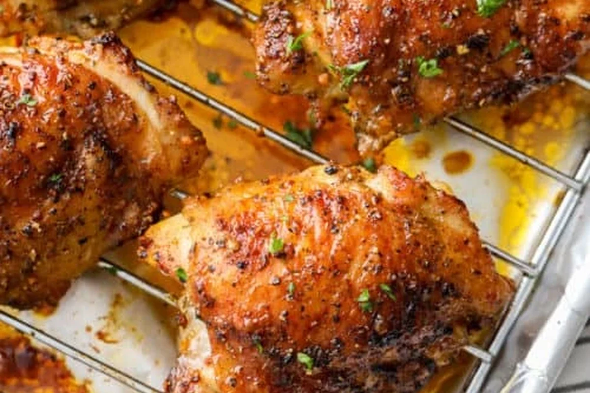 Chicken Thighs in Convection Oven 2 A tray of crispy, golden-brown bone-in chicken thighs roasted in a convection oven.