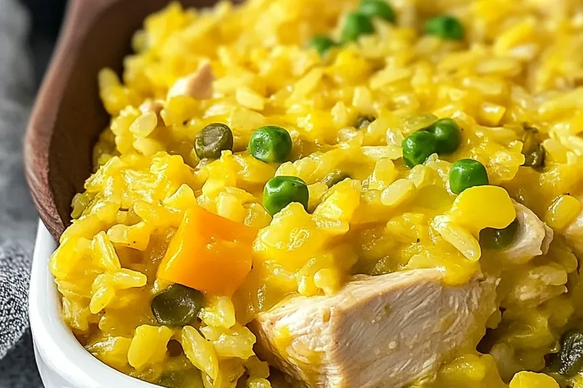 A golden-yellow chicken and rice casserole served in a rustic pot, garnished with fresh herbs.