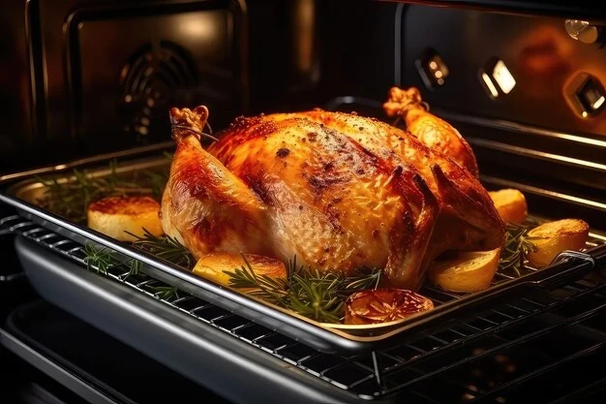 A golden-brown roasted whole chicken resting on a wire rack inside a roasting pan with fresh aromatics.