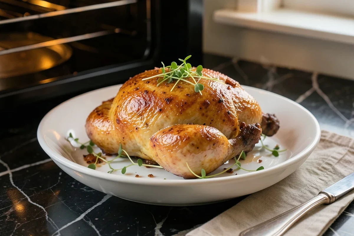 A golden-brown roasted whole chicken resting on a rack in a roasting pan, garnished with herbs.
