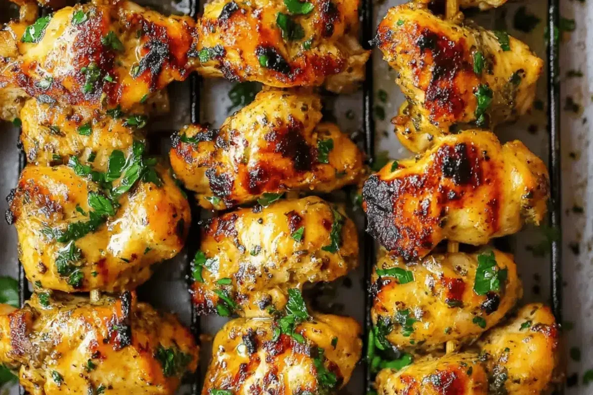 Juicy, perfectly charred chicken skewers on a baking sheet with colorful vegetables, ready to serve.