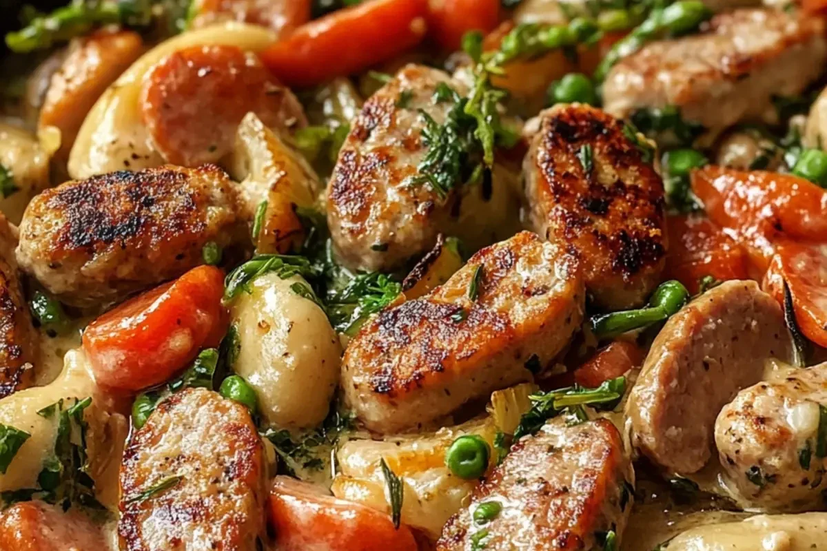 A colorful skillet dish featuring sliced chicken sausage, roasted bell peppers, onions, and fresh herbs.