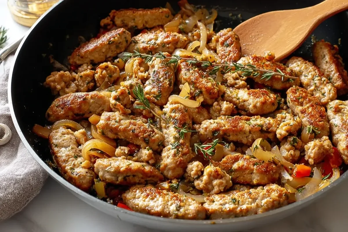 A colorful skillet dish featuring sliced chicken sausage, roasted bell peppers, onions, and fresh herbs.