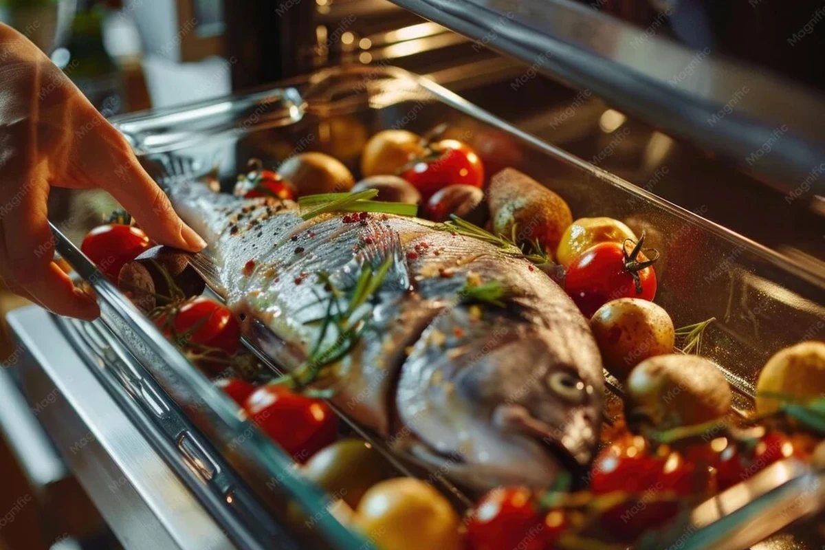 A perfectly baked, flaky white fish fillet served with fresh herbs and lime wedges on a rustic kitchen table.