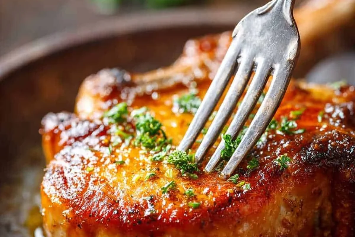 How to Cook Pork Chops Juicy 1 A perfectly seared, thick-cut pork chop resting on a wooden board with fresh herbs and a thermometer, highlighting the juicy