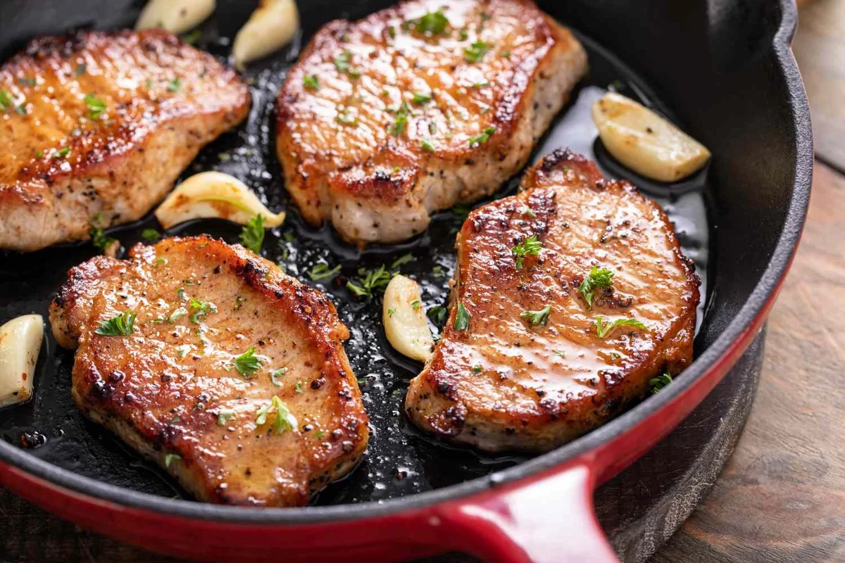 How to Cook Pork Chops Juicy 2 A perfectly seared, thick-cut pork chop resting on a wooden board with fresh herbs and a thermometer, highlighting the juicy