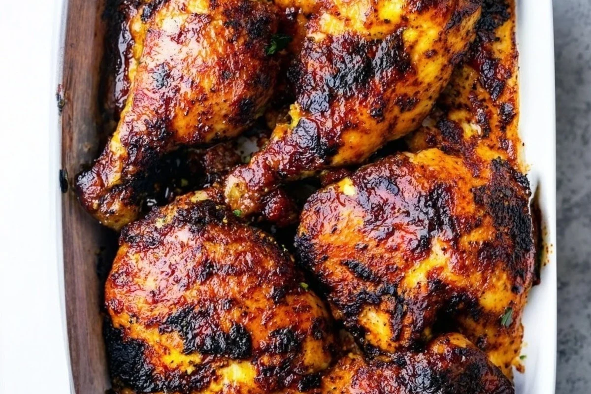 Golden brown oven-baked jerk chicken served on a wire rack with fresh thyme and scotch bonnet peppers.