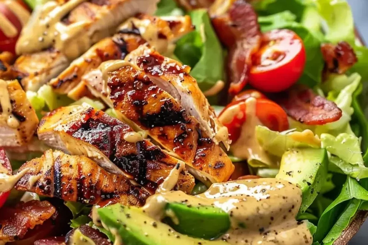 A vibrant Double Chicken Avocado Salad featuring shredded chicken, crispy chicken skin, and fresh avocado slices in a bowl.