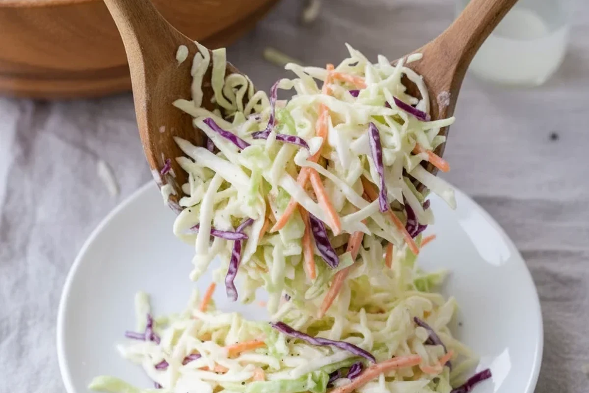 A bowl of fresh, crunchy coleslaw with a creamy dressing served as a side dish.