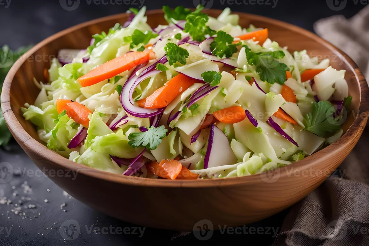 A bowl of fresh Belizean ensalada de repollo with shredded cabbage, carrots, and bright red onion.