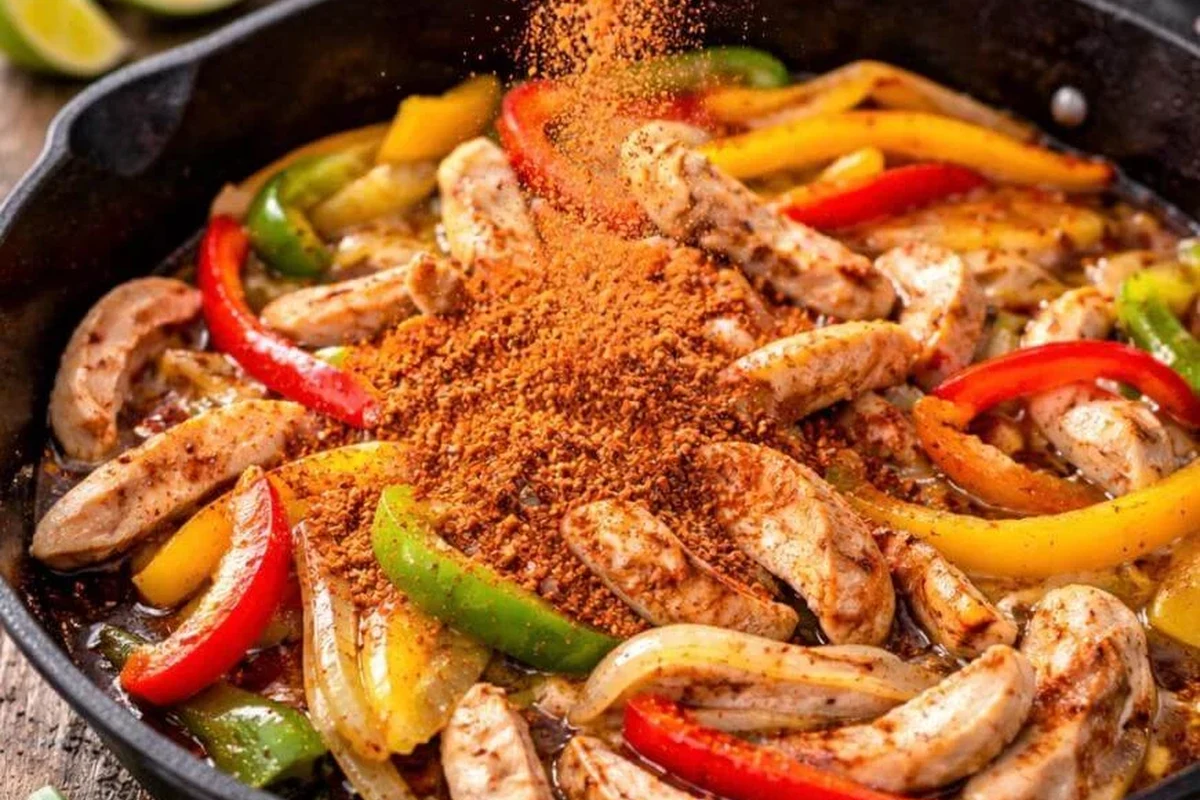 A vibrant bowl of homemade fajita seasoning next to raw chicken strips on a wooden cutting board.