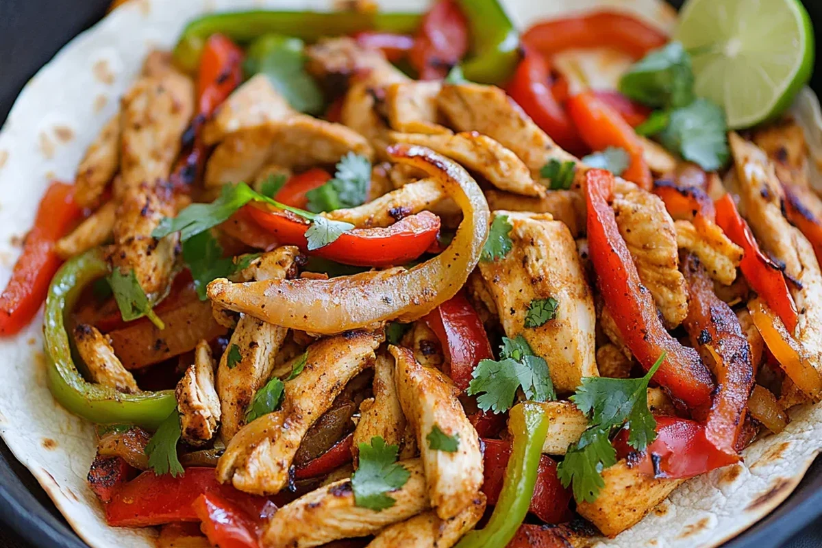 A vibrant bowl of homemade fajita seasoning next to raw chicken strips on a wooden cutting board.