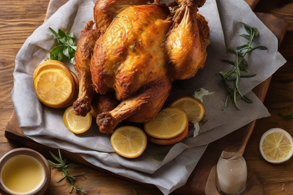 A crispy, golden-brown Belizean-style fried whole chicken served on a platter with fresh lime wedges.