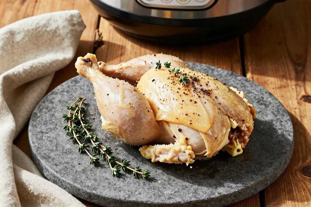 Frozen Chicken Breast in the Instapot 2 Tender shredded chicken breast prepared in an Instant Pot, ready for meal prep.