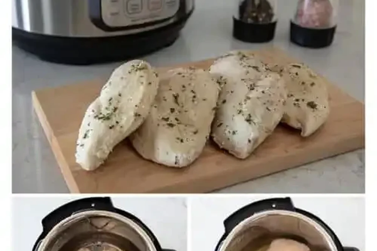Succulent pressure-cooked chicken breast with fresh herbs and a side of broth in a modern kitchen.