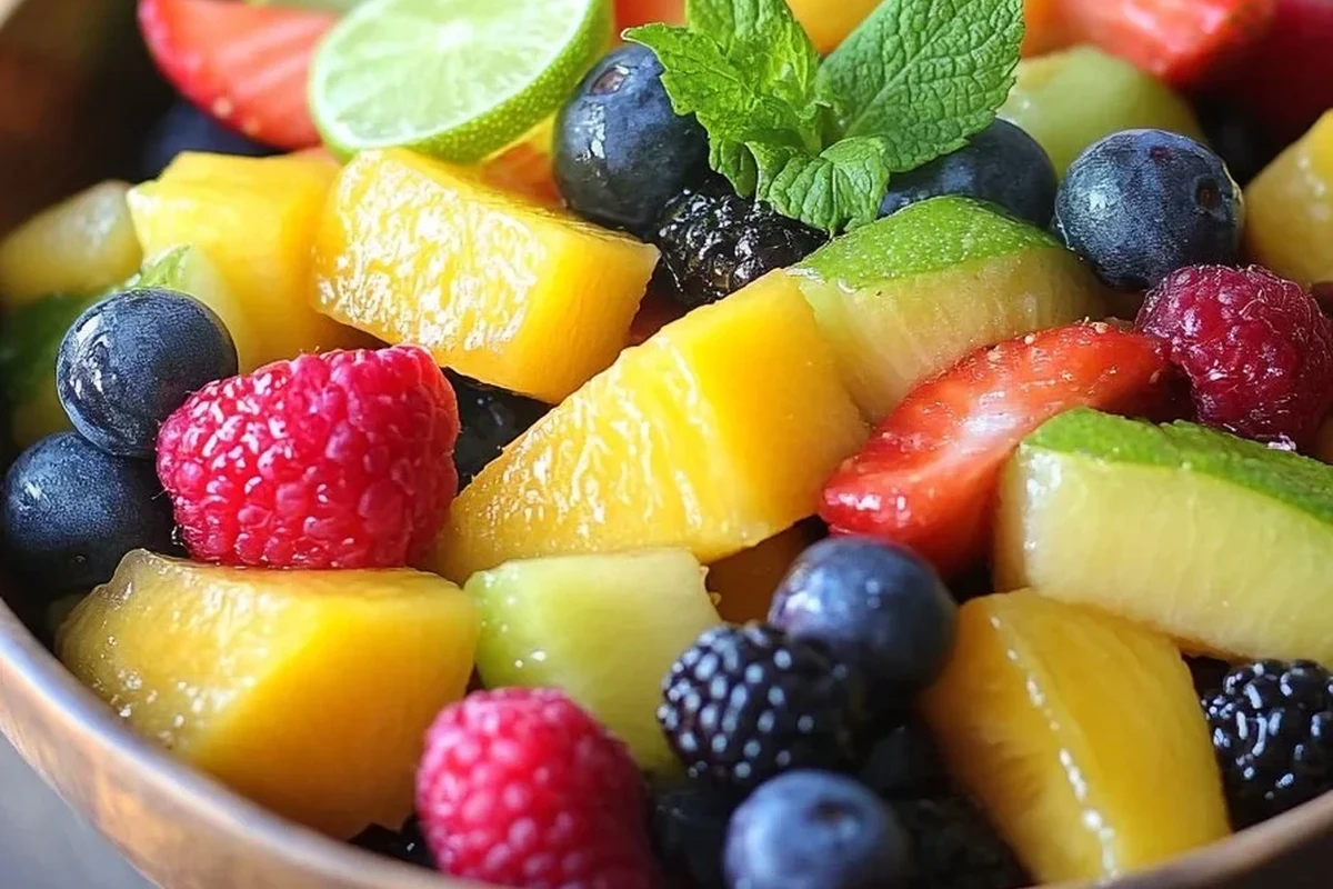 A vibrant bowl of mixed tropical fruit salad drizzled with a lime and honey glaze, garnished with fresh mint leaves.