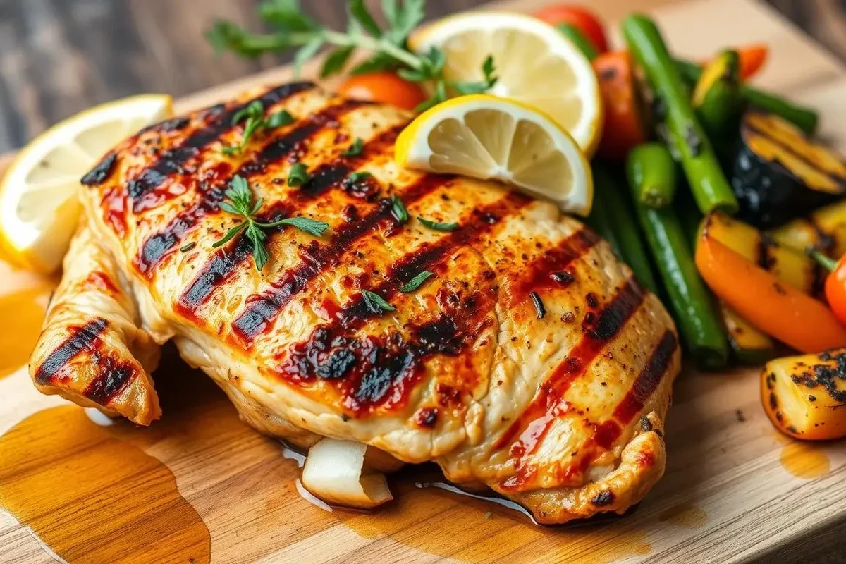 Golden brown grilled bone-in chicken breast with charred grill marks on a wooden platter