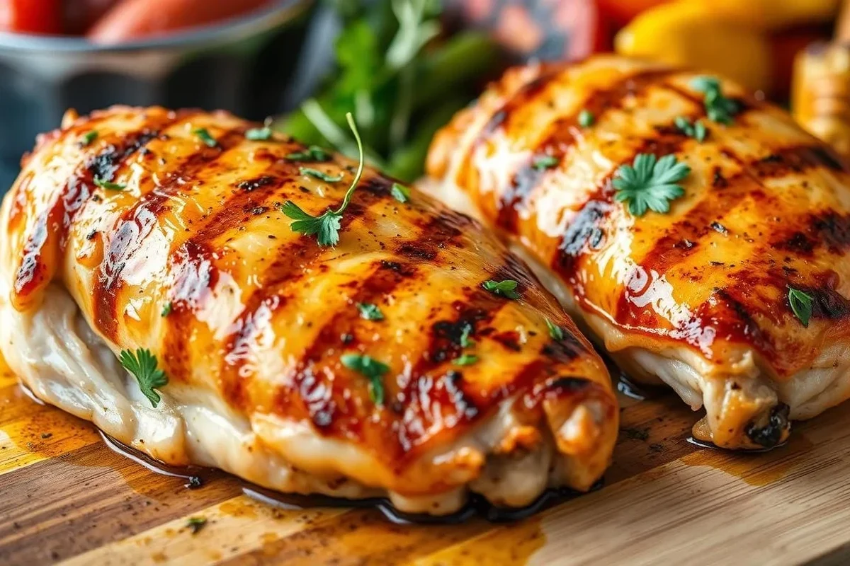 Golden brown grilled bone-in chicken breast with charred grill marks on a wooden platter