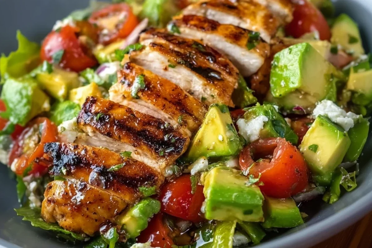 A vibrant grilled chicken avocado salad served in a bowl with lime wedges and fresh cilantro.