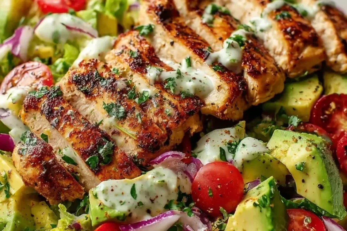 A vibrant grilled chicken avocado salad served in a bowl with lime wedges and fresh cilantro.