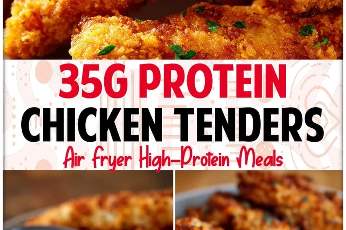Golden brown high protein chicken tenders served with a side of dipping sauce on a rustic plate.