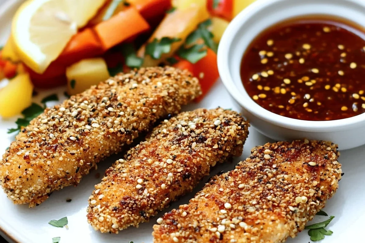 Golden brown high protein chicken tenders served with a side of dipping sauce on a rustic plate.