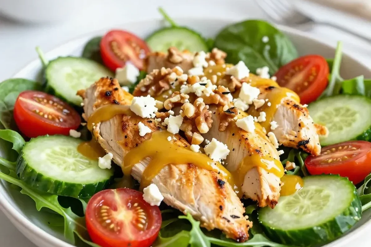 Honey Mustard Chicken Salad 2 A vibrant honey mustard chicken salad with fresh greens, sliced chicken breast, and a drizzle of dressing.