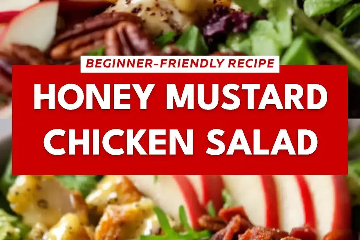 A vibrant honey and mustard chicken salad with fresh greens, tomatoes, and a creamy dressing.