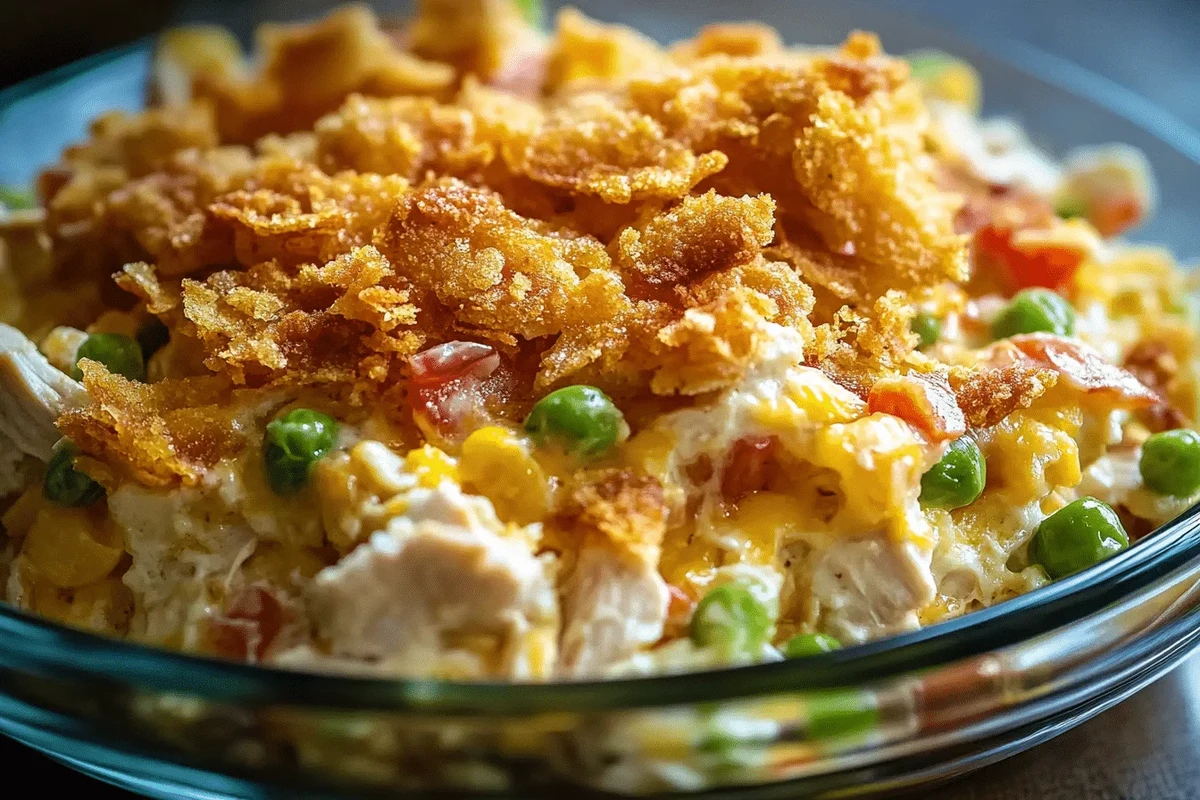 A golden-crusted, bubbly hot chicken salad in a ceramic baking dish, served as a warm side.