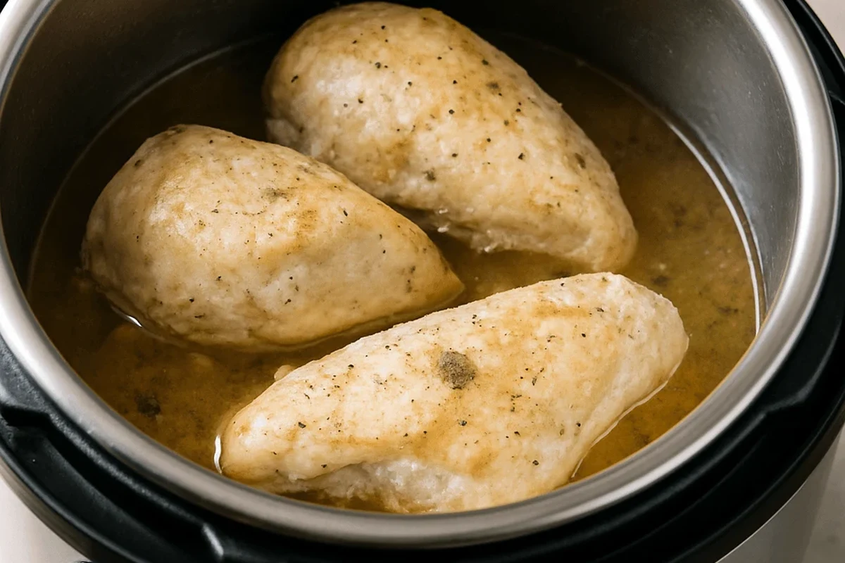 A cooked, juicy chicken breast inside an Instant Pot with aromatic herbs and broth.