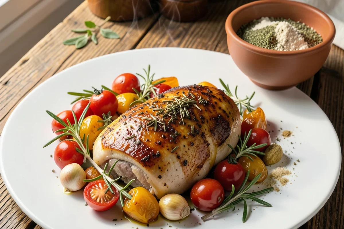 Italian Spices for Chicken 2 A seasoned chicken breast with fresh and dried Italian herbs and spices in a professional kitchen setting.