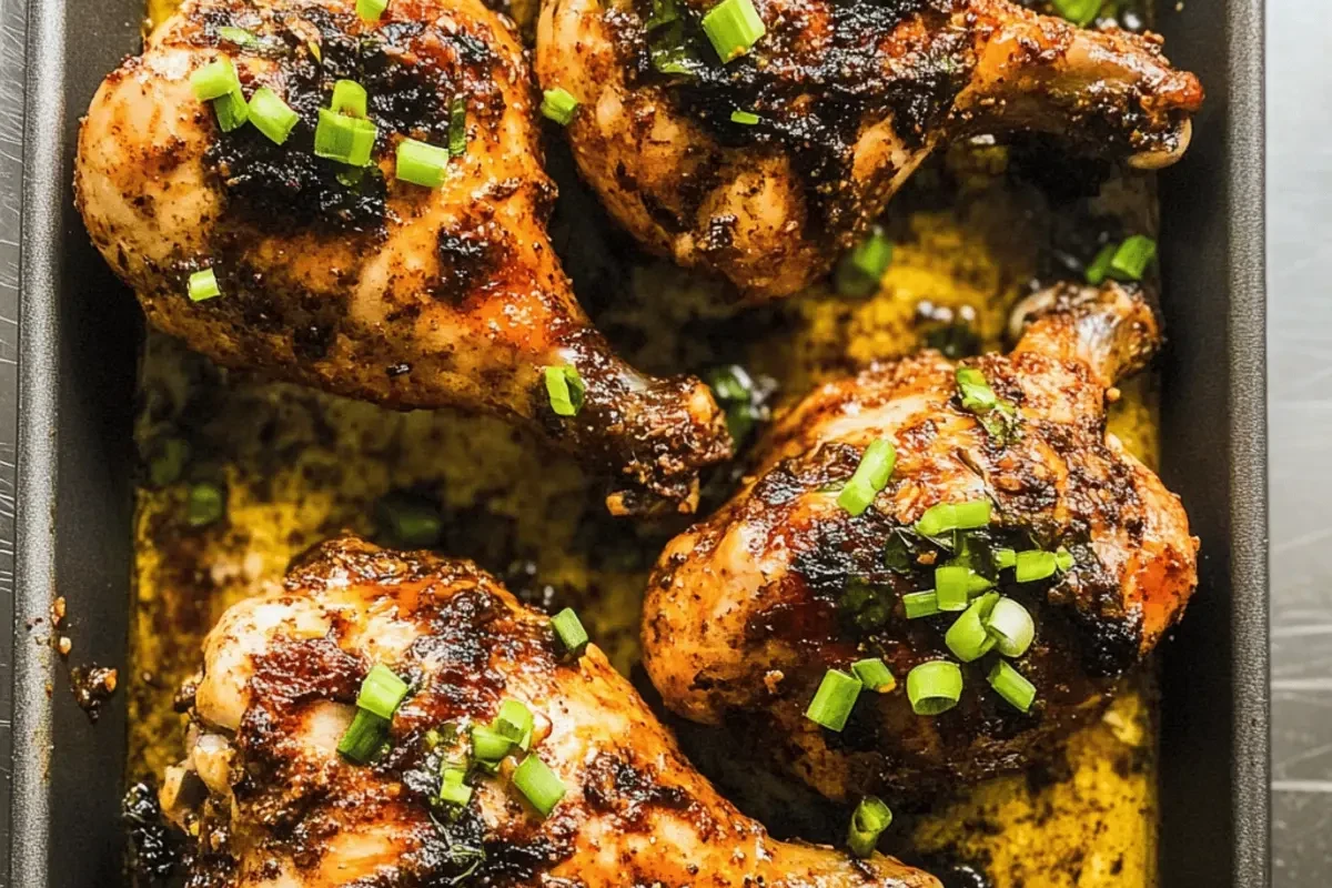 A platter of oven-baked Jamaican jerk chicken with a dark, caramelized spice crust and fresh thyme garnish.