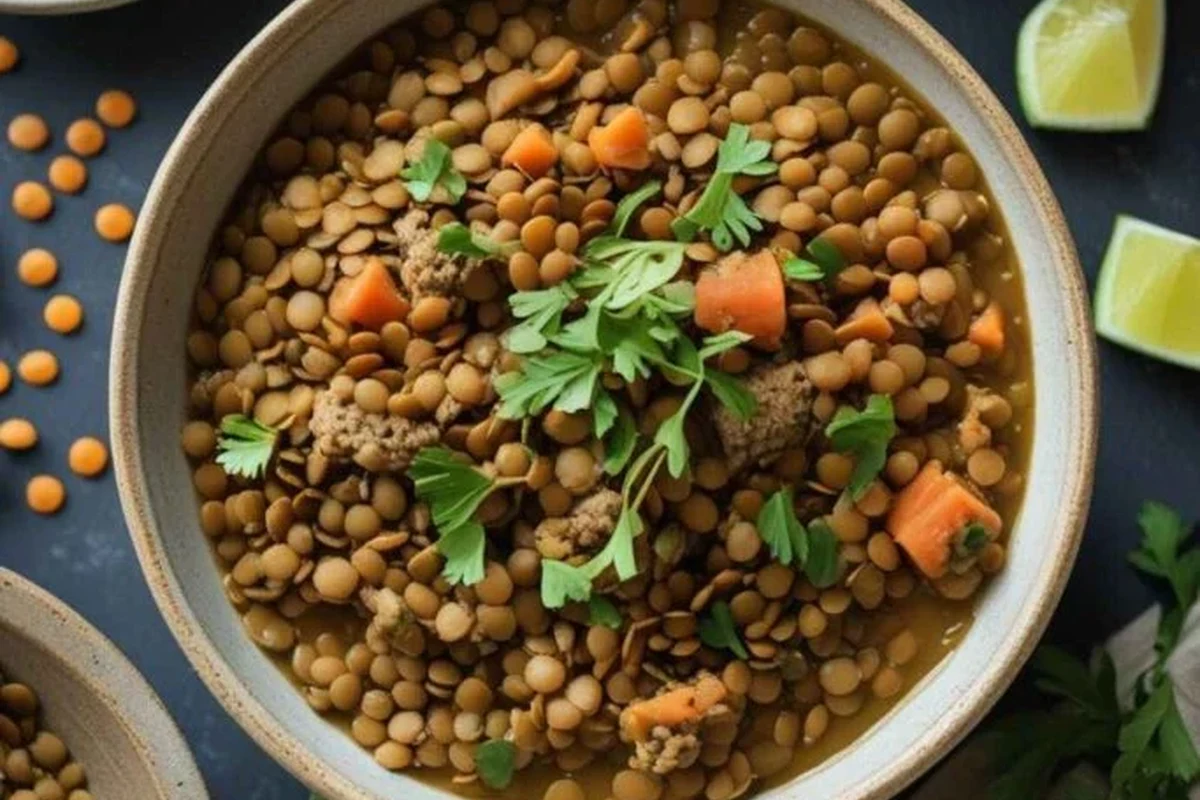 Do Lentils Contain Carbs 1 A bowl of cooked French green lentils seasoned with fresh herbs and lime, served as a nutritious side dish.
