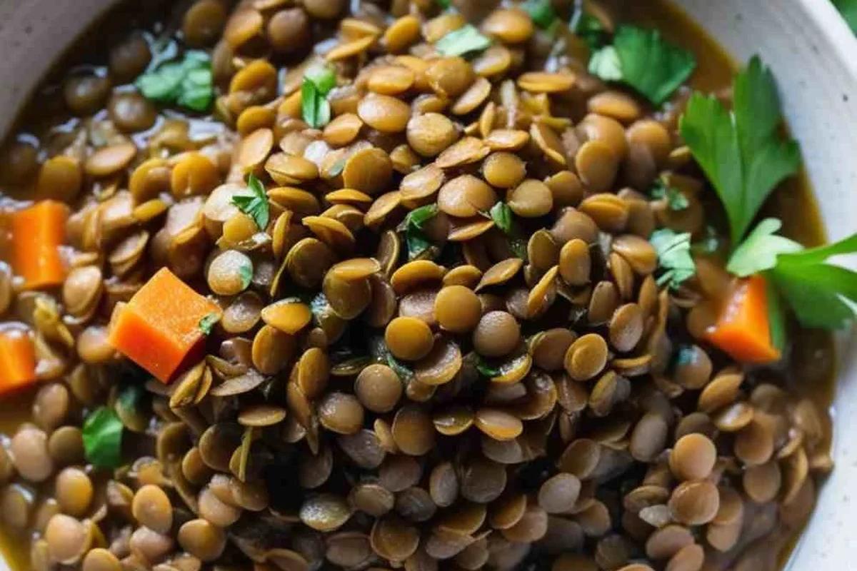 Do Lentils Contain Carbs 2 A bowl of cooked French green lentils seasoned with fresh herbs and lime, served as a nutritious side dish.