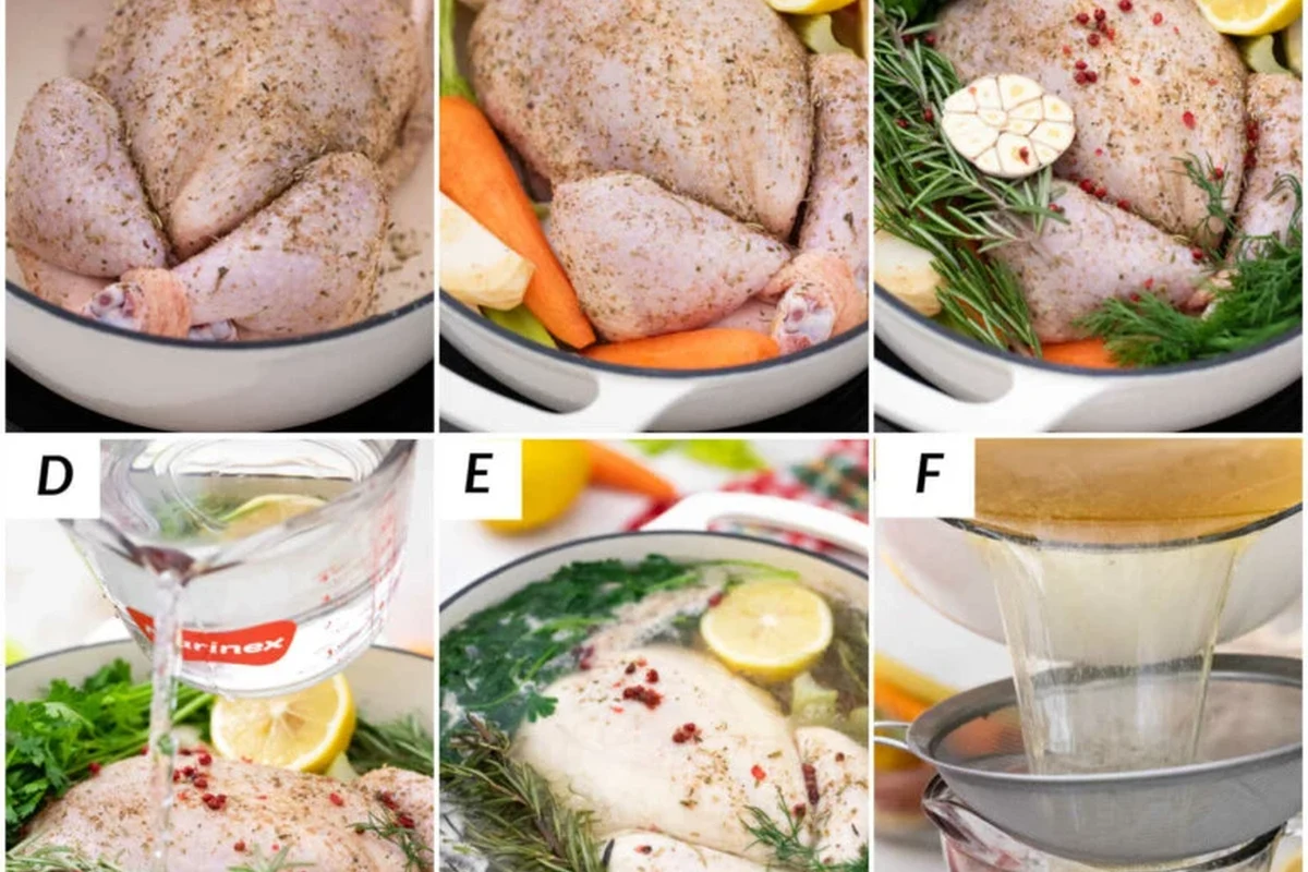 A whole chicken simmering in a large stockpot with aromatics like onion and garlic for a flavorful broth.