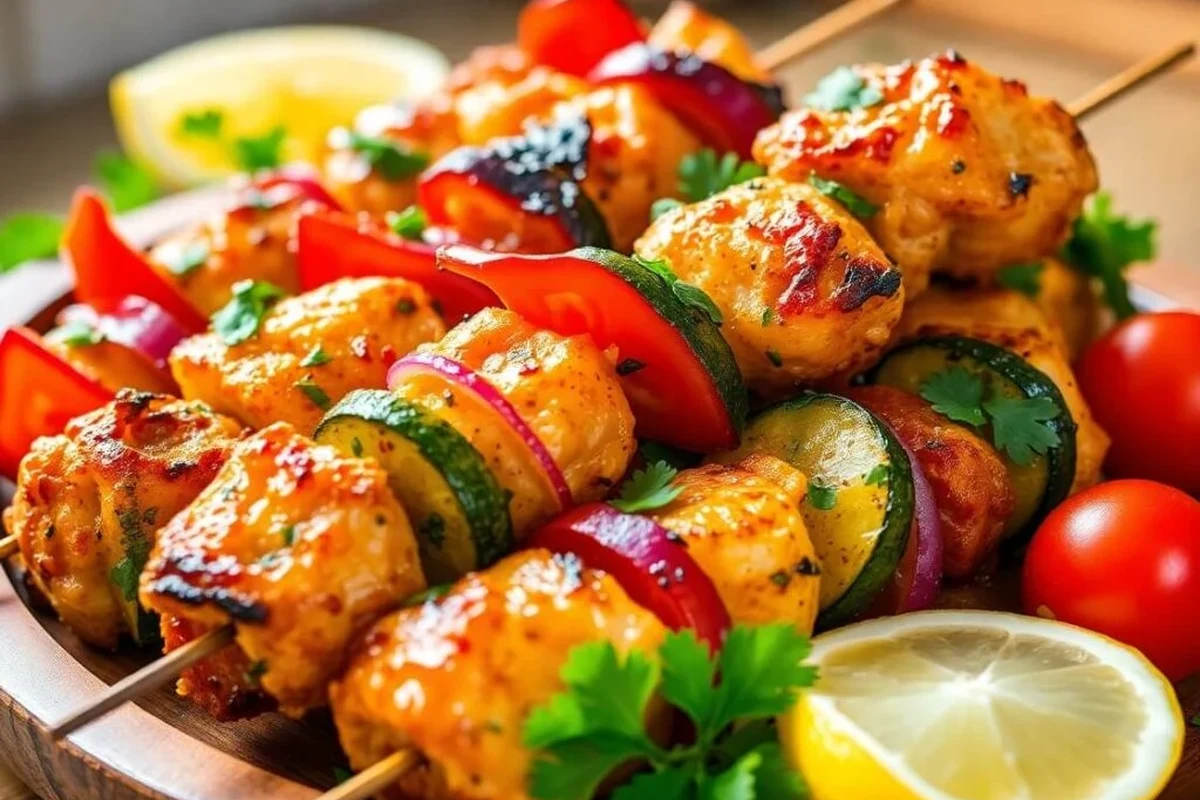 Delicious, colorful chicken and vegetable kabobs roasting on a wire rack in an oven.
