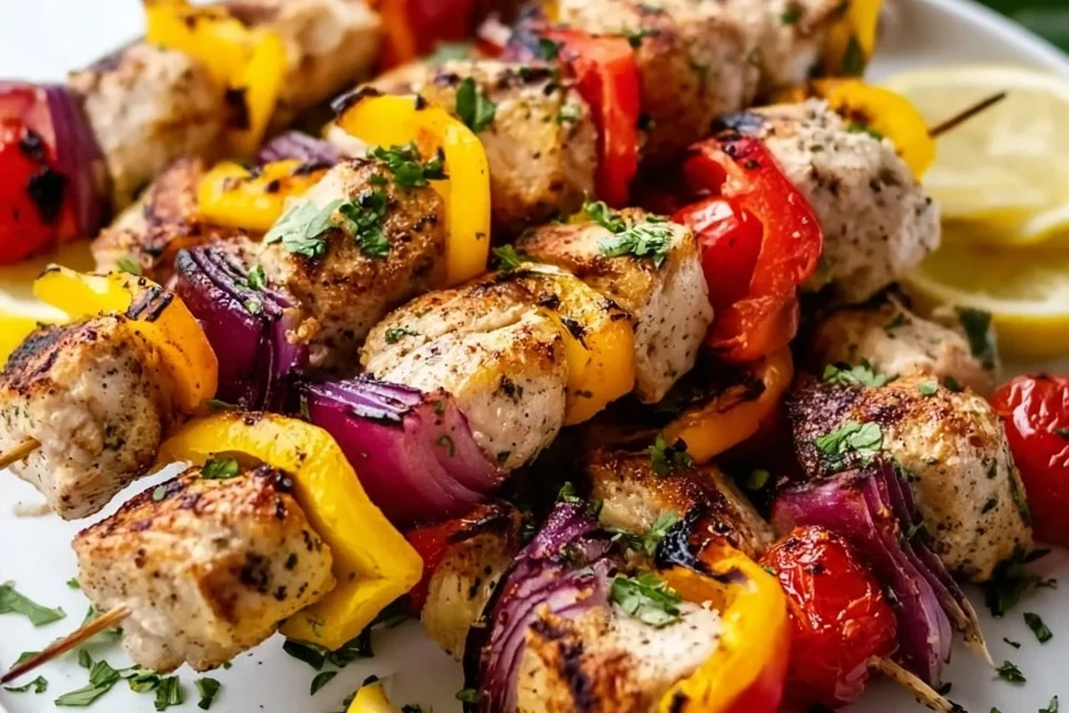 Delicious, colorful chicken and vegetable kabobs roasting on a wire rack in an oven.