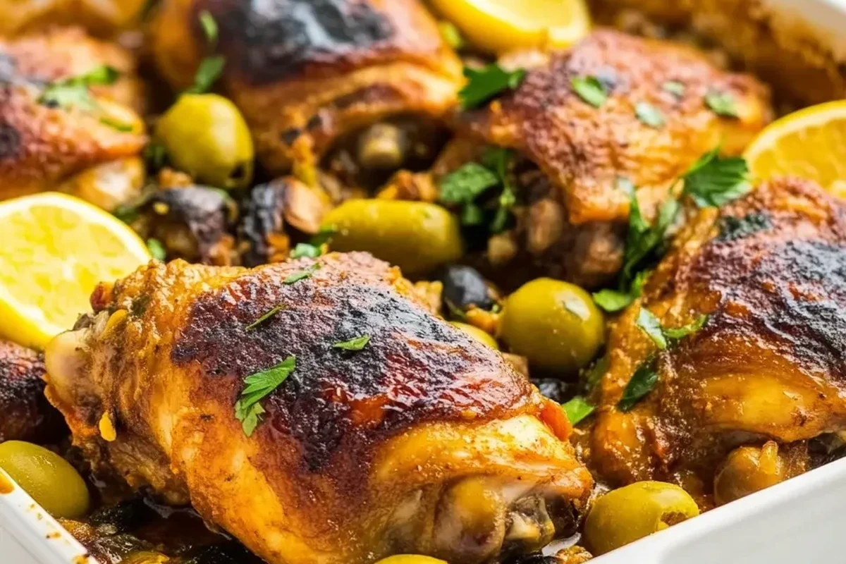 A cast-iron skillet containing golden-brown braised chicken thighs seasoned with Moroccan spices, garnished with fresh herbs