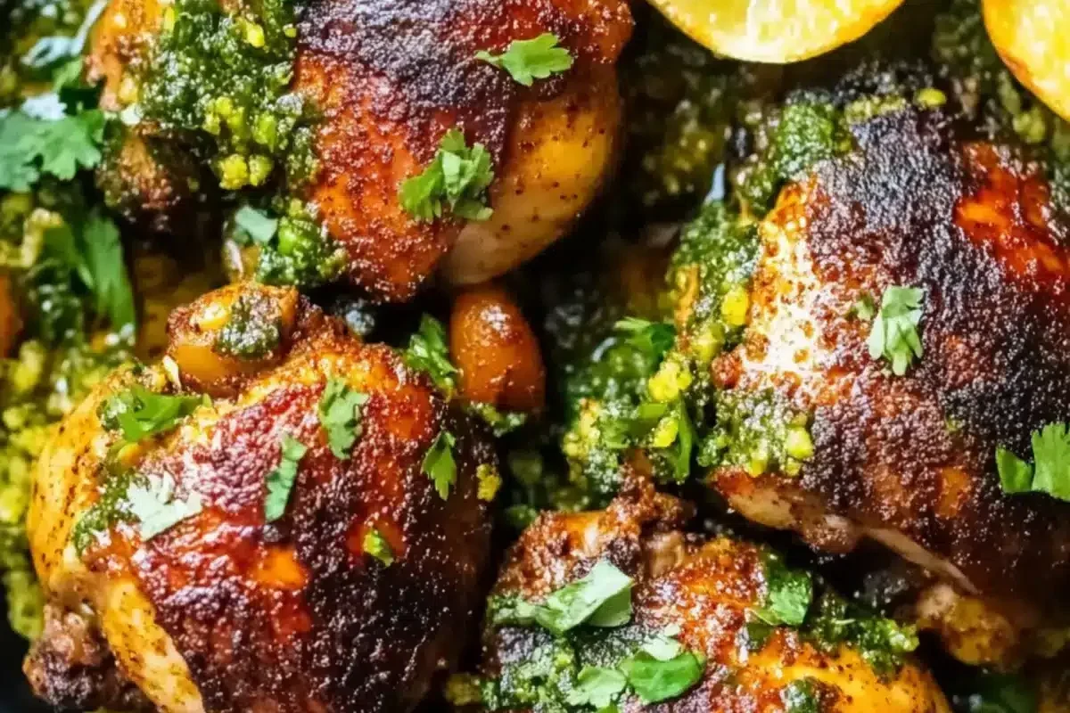 A cast-iron pan filled with golden-brown chicken thighs braised in a rich, spiced sauce with olives and preserved lemon wedge