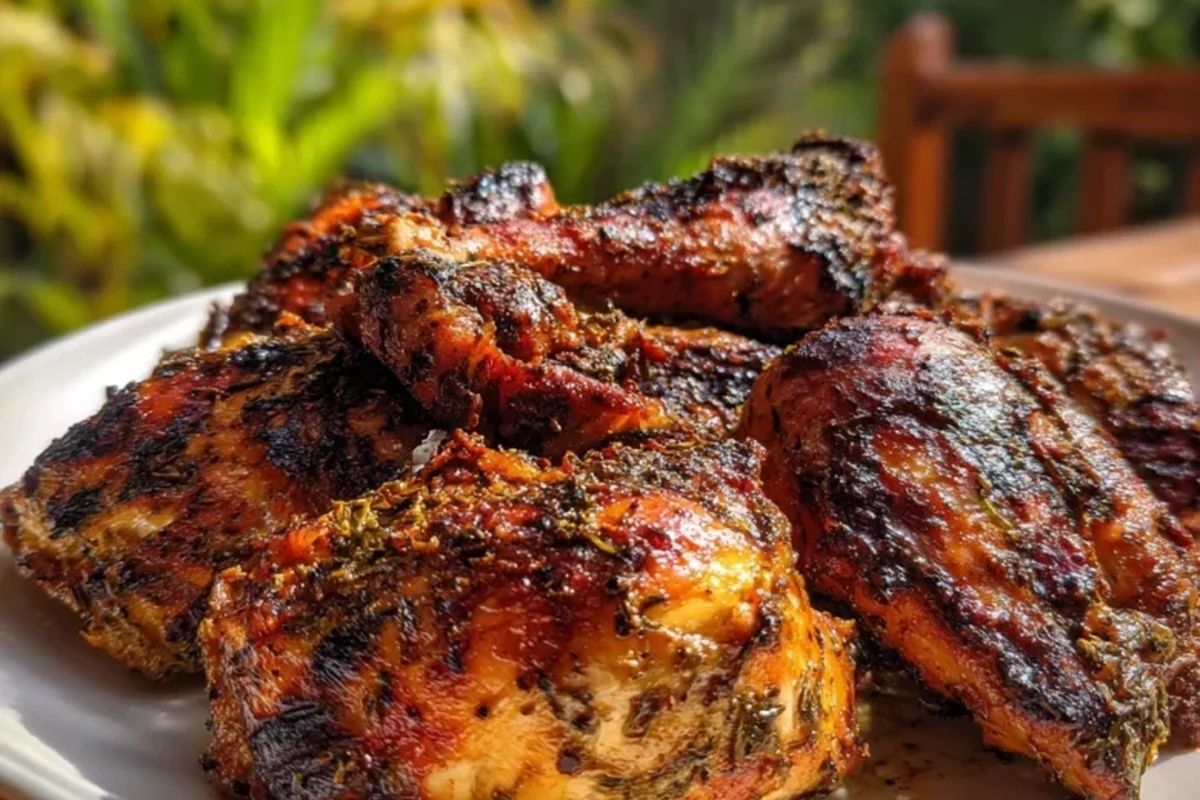 A platter of golden-brown oven-roasted jerk chicken with visible charred spices and fresh thyme garnish.