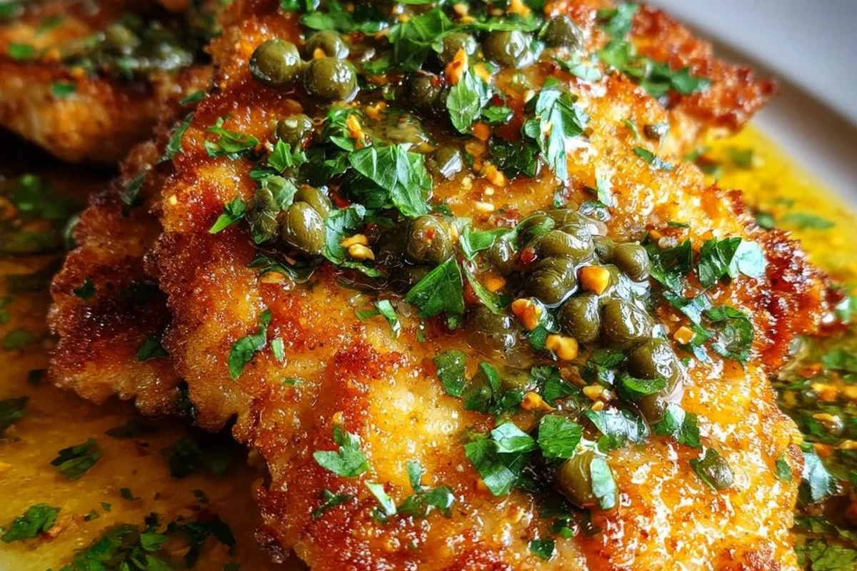 A close-up of a golden, glossy lemon piccata sauce drizzled over seared chicken, garnished with fresh parsley and capers.