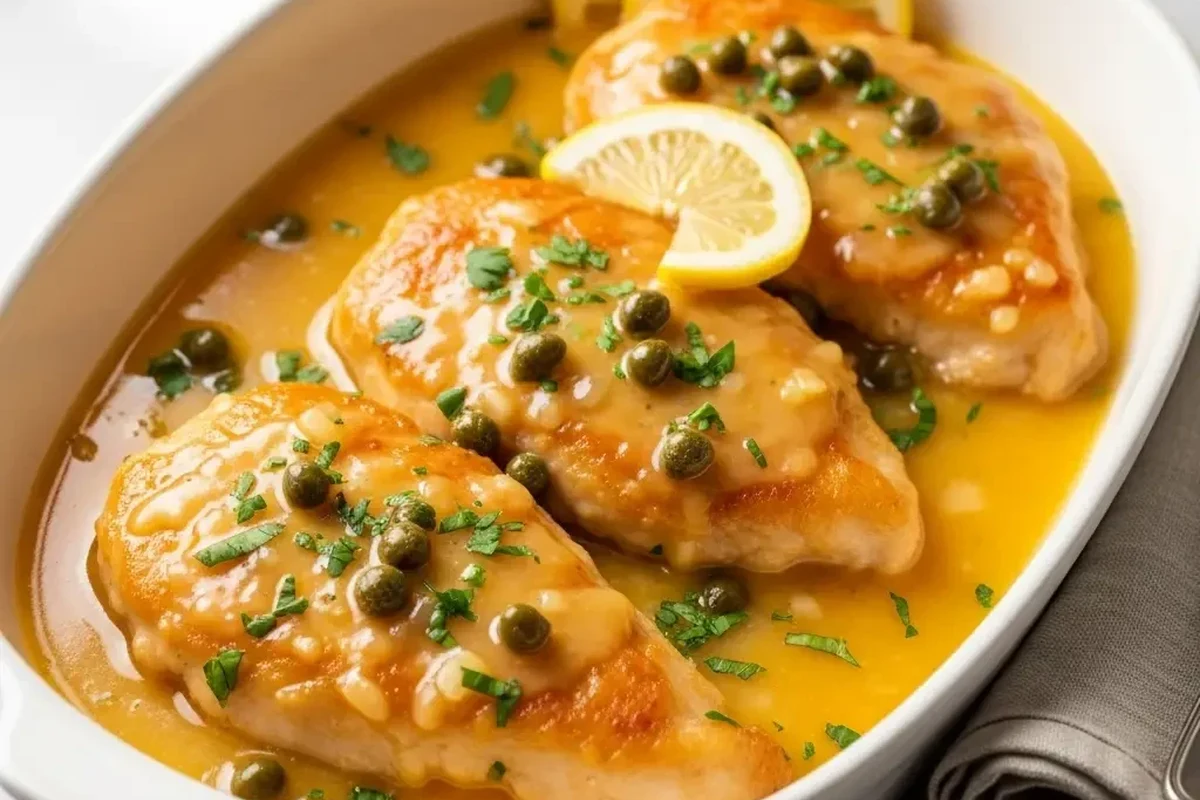 A close-up of a golden, glossy lemon piccata sauce drizzled over seared chicken, garnished with fresh parsley and capers.