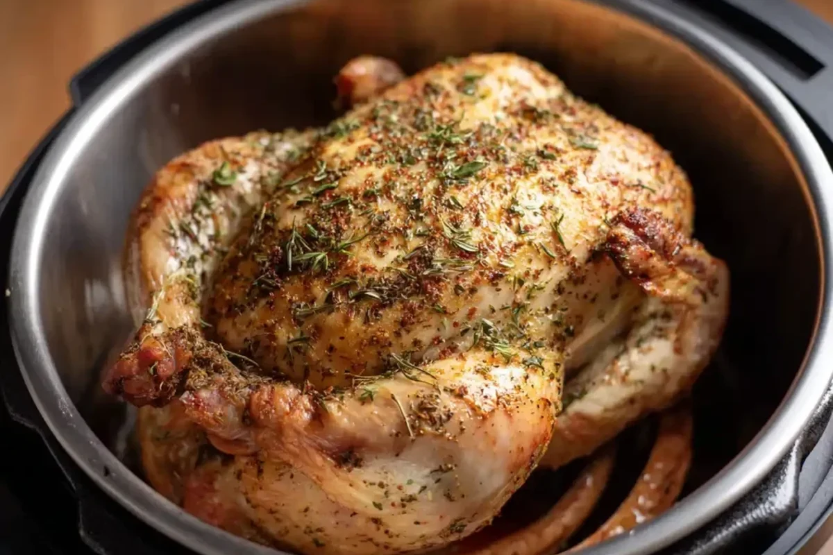 Pressure Cook Whole Chicken 1 A succulent whole chicken seasoned with Belizean spices, cooked to perfection in a pressure cooker.