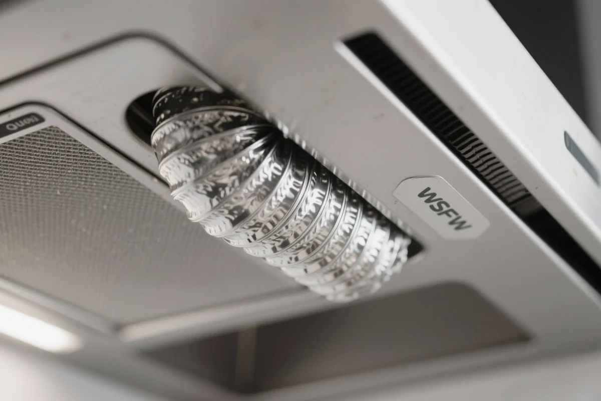 A professional-grade rigid galvanized steel range exhaust duct installed in a clean kitchen.