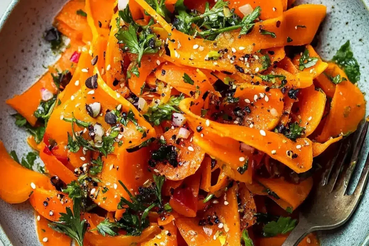 Raw Carrot Salad Recipe 1 A vibrant bowl of freshly grated raw carrot salad with lime and herbs.