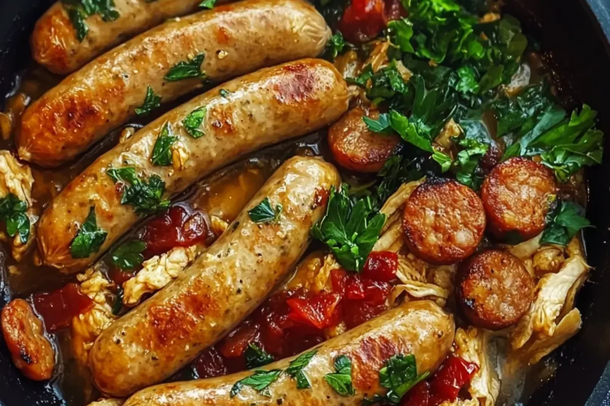 A colorful skillet dish featuring sliced golden-brown chicken sausage, bell peppers, and onions.